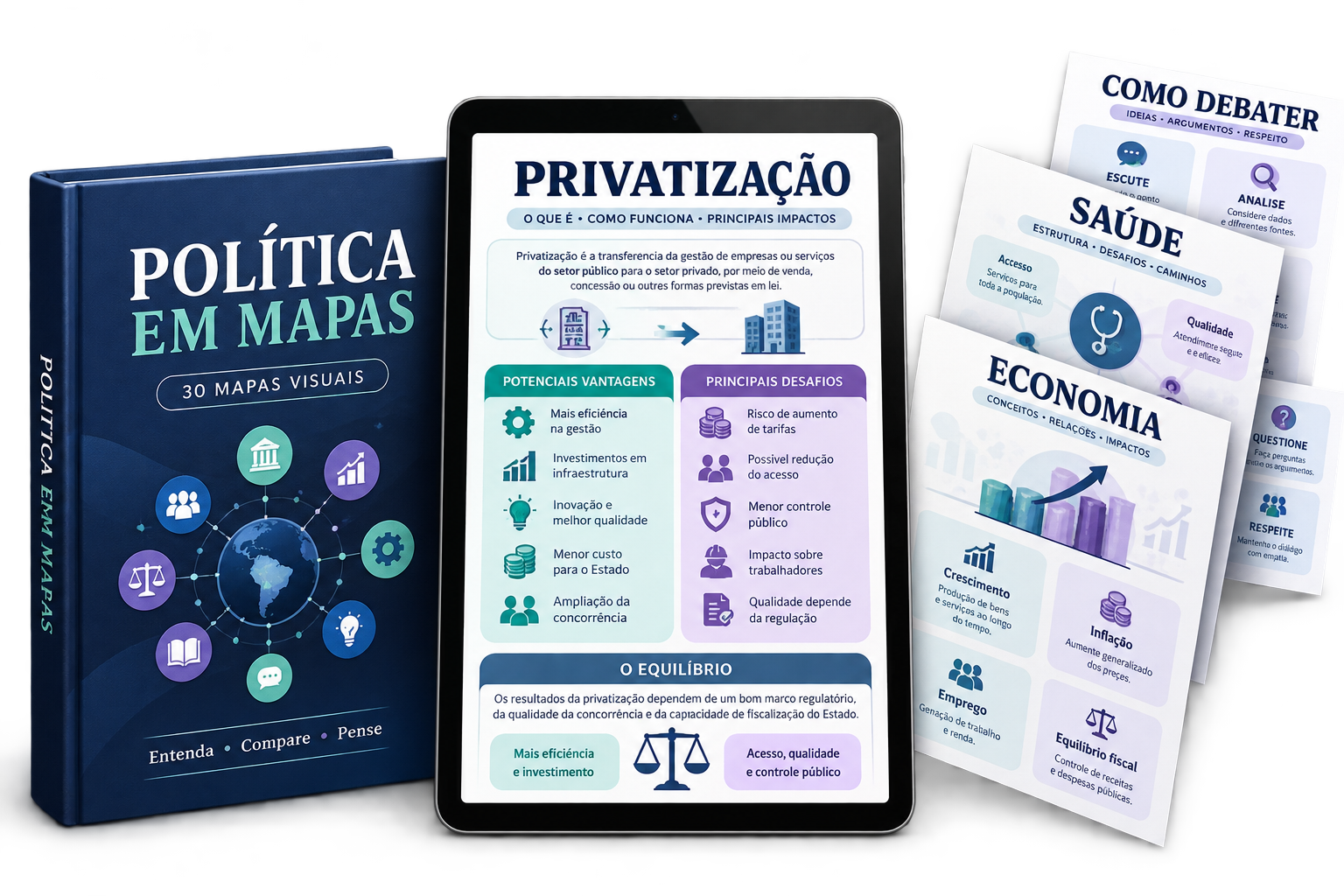 Apresentação ilustrativa do Política em Mapas, com tablet e mapas visuais